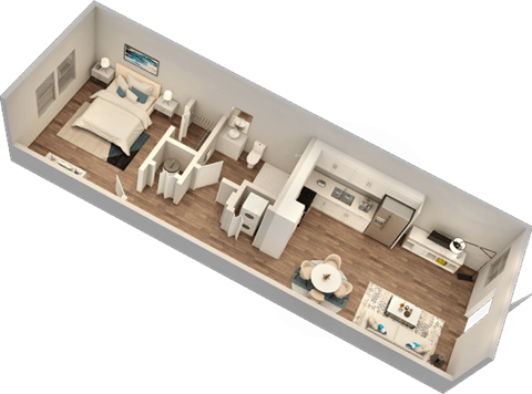 Floor plan for 1 bed, 1 bath, 651 sqft