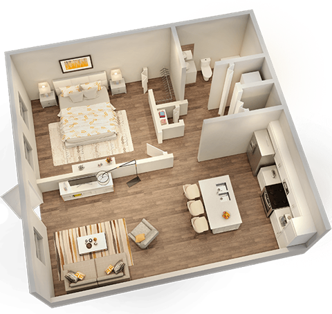 Floor plan for 1 bed, 1 bath, 713 sqft