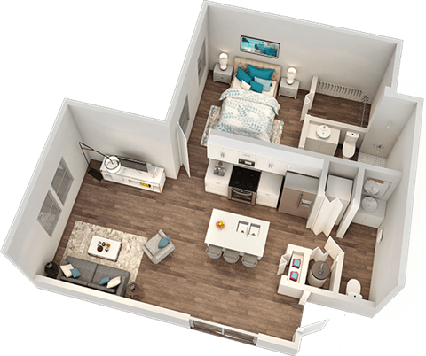 Floor plan for 1 bed, 1.5 baths, 708 sqft