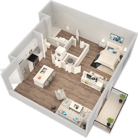 Floor plan for 1 bed, 1.5 baths, 725 sqft