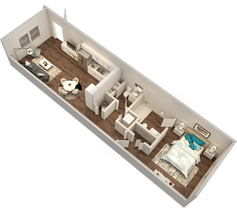 Floor plan for 1 bed, 1.5 baths, 772 sqft