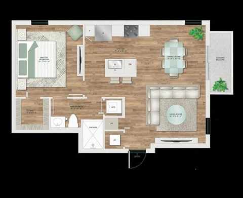 Floor plan for 1 bed, 1 bath, 777 sqft