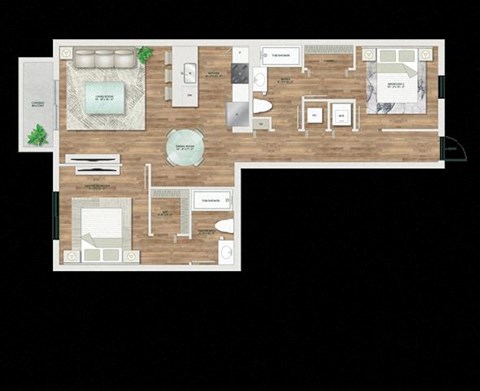 Floor plan for 2 beds, 2 baths, 1051 sqft