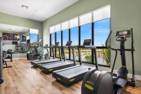 Miami apartment for rent - a row of treadmills and elliptical trainers in a fitness room with large windows