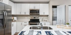 Pembroke Pines apartment for rent - a kitchen with white cabinets and stainless steel appliances
