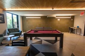 Brooklyn apartment for rent - A room with a pool table and a green couch.