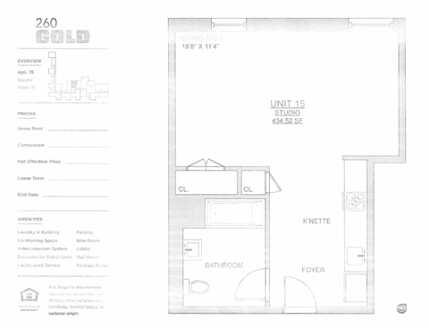 Floor plan for studio, 1 bath, 434 sqft
