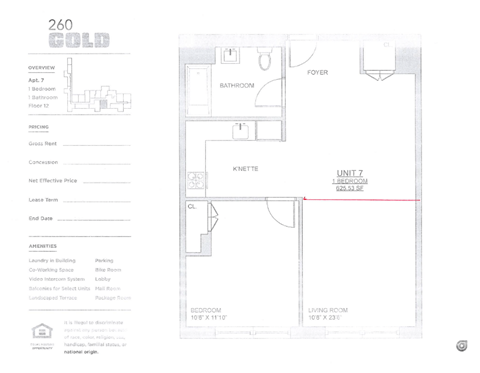 Floor plan for 2 beds, 1 bath, 621 sqft