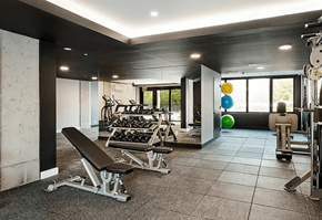 Brooklyn apartment for rent - A gym with a bench, weights, and exercise balls.