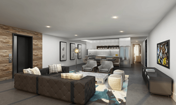 Brooklyn apartment for rent - A modern living room with a brown sofa and a wooden wall.