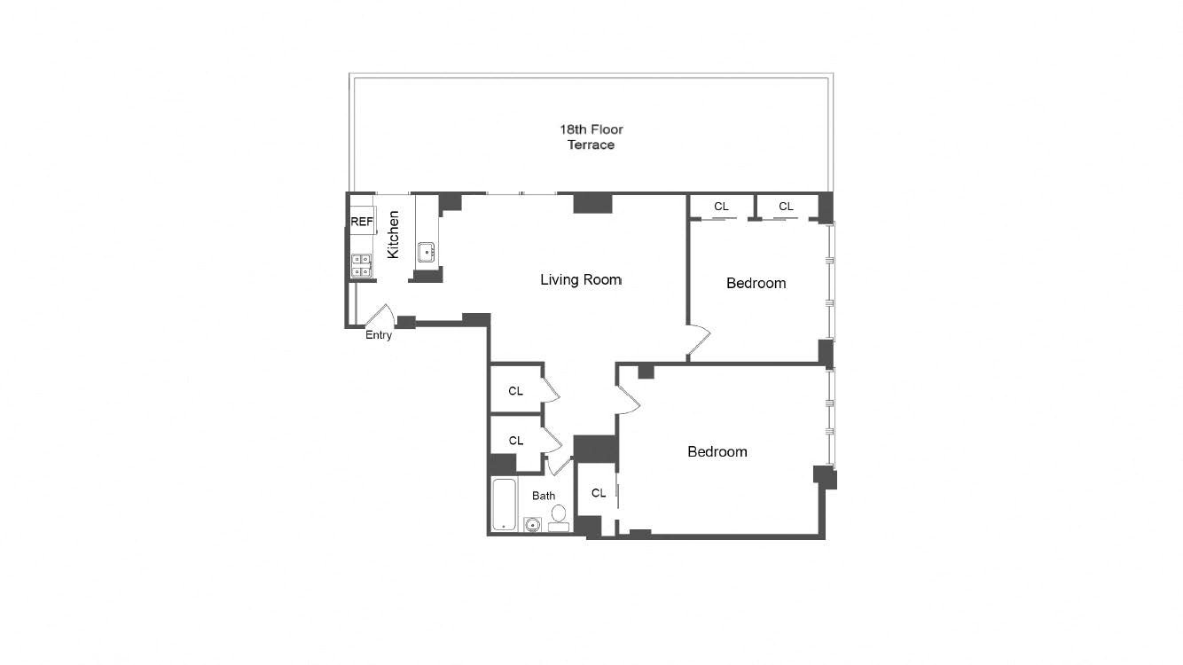 Floor plan for 2 beds, 1 bath, 1005 sqft