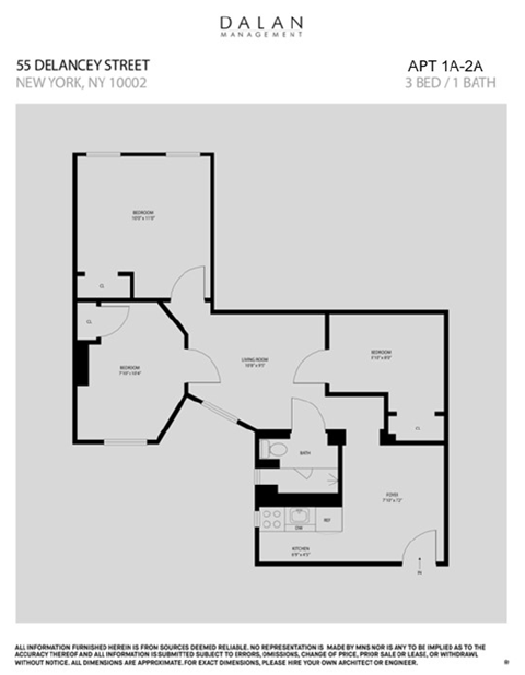 Floor plan for 3 beds, 1 bath, 516 sqft