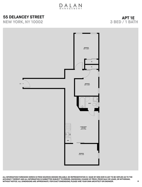 Floor plan for 3 beds, 1 bath, 539 sqft