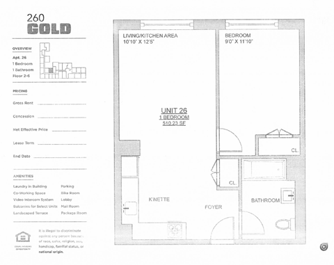Floor plan for 1 bed, 1 bath, 510 sqft