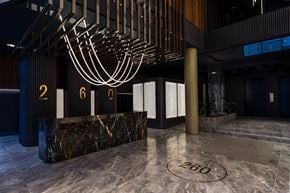 Brooklyn apartment for rent - Reception desk with dramatic sculptural ceiling installation at 260 Gold Apartments, Brooklyn
