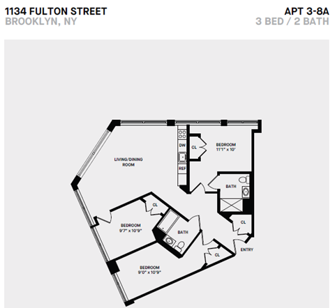 Floor plan for 3 beds, 2 baths, 1043 sqft