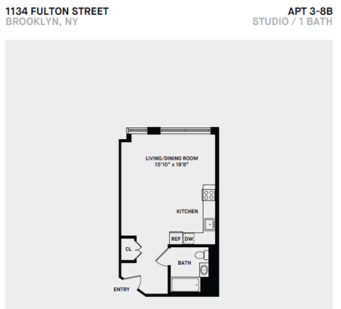 Floor plan for studio, 1 bath, 413 sqft