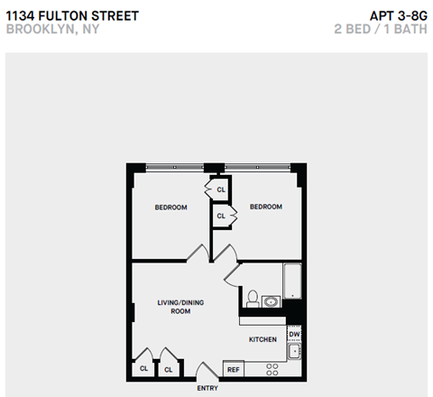Floor plan for 2 beds, 1 bath, 605 sqft