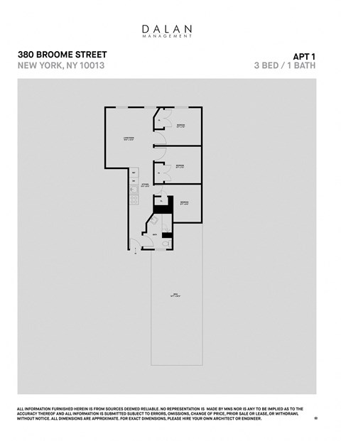 Floor plan for 3 beds, 1 bath, 589 sqft