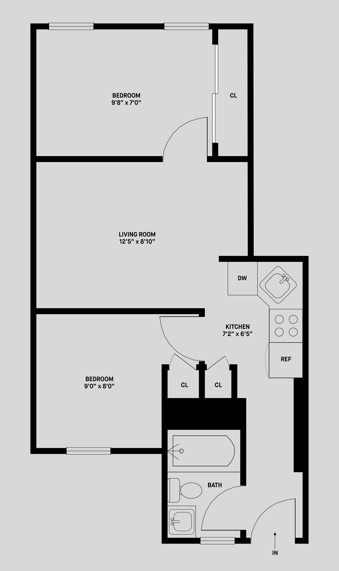 Floor plan for 2 beds, 1 bath, 520 sqft