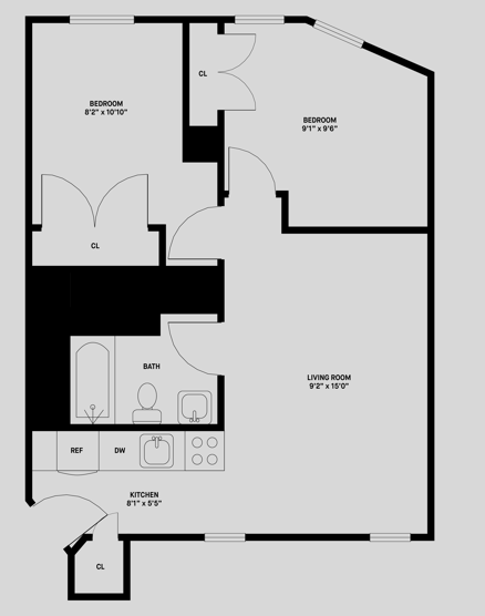 Floor plan for 2 beds, 1 bath, 539 sqft