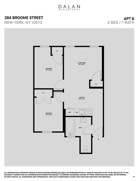 Floor plan for 2 beds, 1 bath, 512 sqft