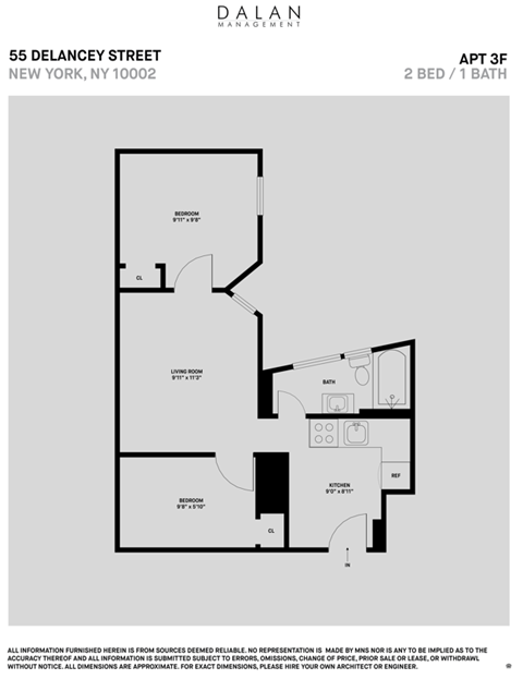 Floor plan for 2 beds, 1 bath, 395 sqft
