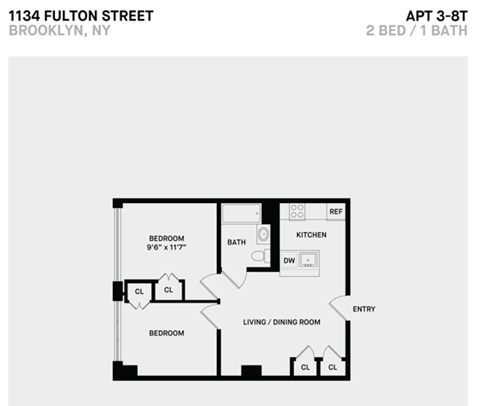 Floor plan for 2 beds, 1 bath, 570 sqft