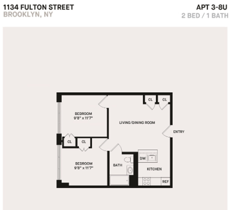 Floor plan for 2 beds, 1 bath, 605 sqft
