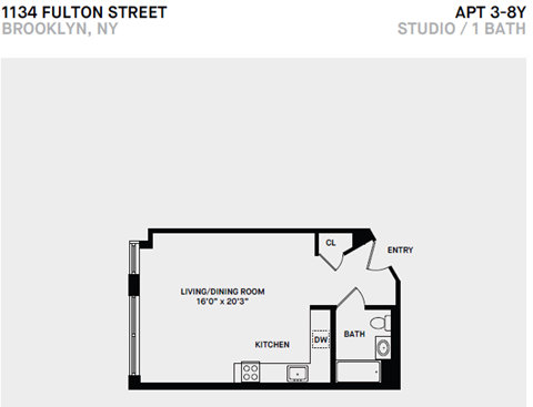 Floor plan for studio, 1 bath, 401 sqft