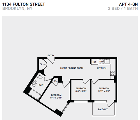 Floor plan for 3 beds, 1 bath, 605 sqft