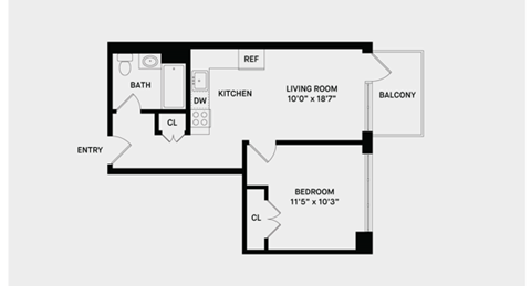 Floor plan for 1 bed, 1 bath, 461 sqft