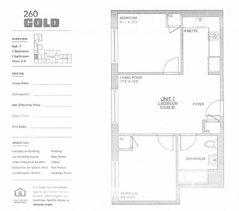 Floor plan for 2 beds, 1 bath, 585 sqft