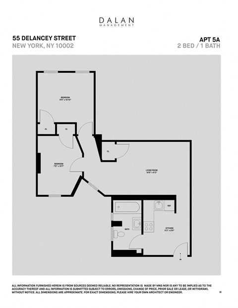 Floor plan for 2 beds, 1 bath, 516 sqft