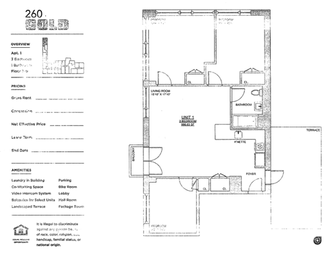 Floor plan for 3 beds, 1 bath, 986 sqft