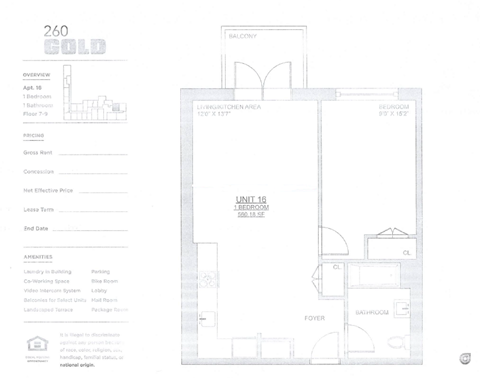 Floor plan for 1 bed, 1 bath, 560 sqft