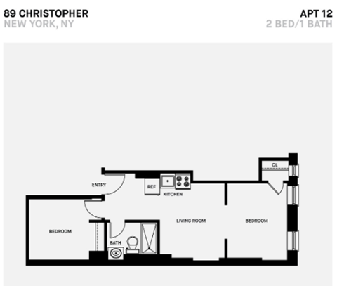 Floor plan for 2 beds, 1 bath, 400 sqft
