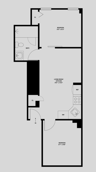 Floor plan for 2 beds, 1 bath, 340 sqft