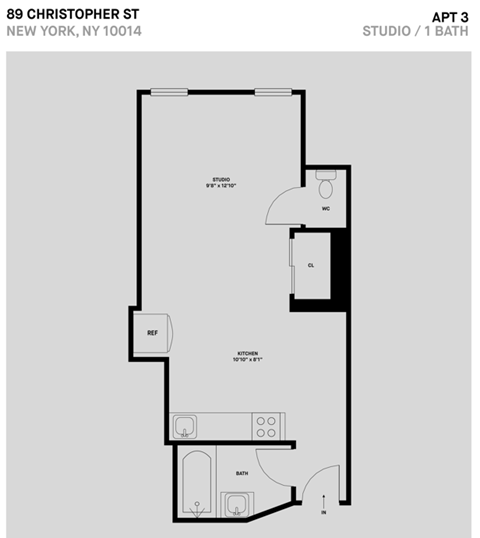 Floor plan for studio, 1 bath, 400 sqft