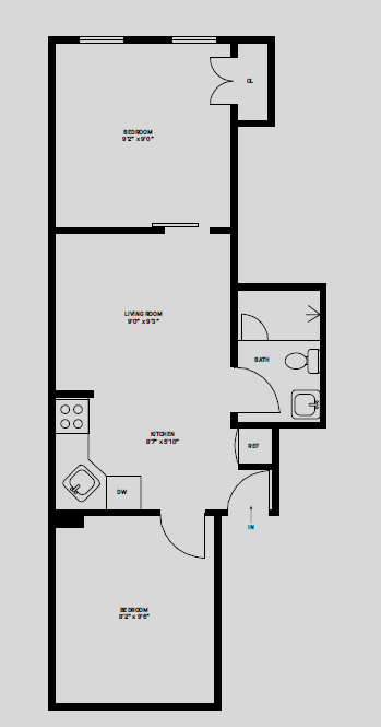 Floor plan for 2 beds, 1 bath, 400 sqft