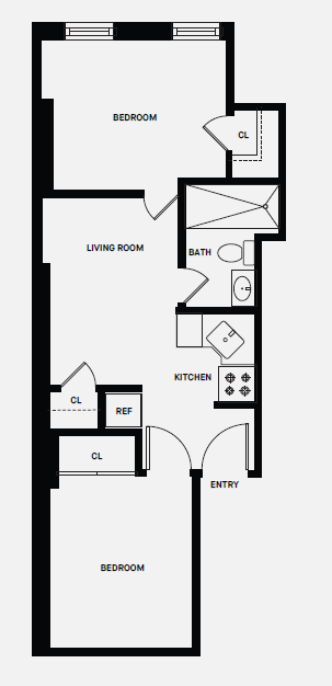 Floor plan for 2 beds, 1 bath, 400 sqft