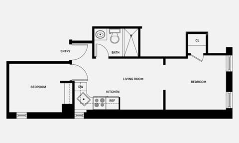 Floor plan for 2 beds, 1 bath, 400 sqft