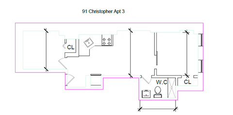 Floor plan for 2 beds, 1 bath, 400 sqft