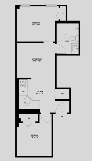 Floor plan for 2 beds, 1 bath, 400 sqft