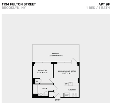 Floor plan for 1 bed, 1 bath, 400 sqft