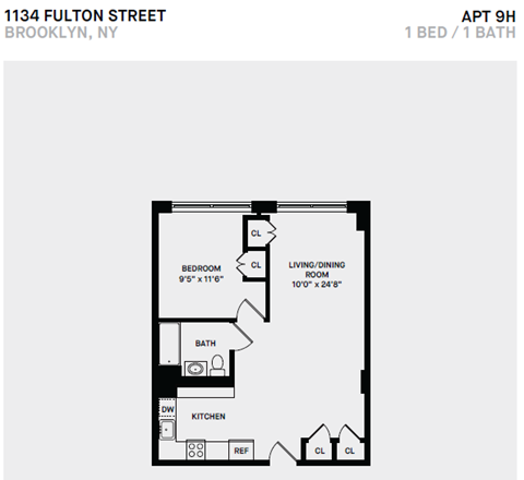 Floor plan for 1 bed, 1 bath, 400 sqft