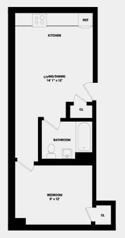 Floor plan for 1 bed, 1 bath, 400 sqft