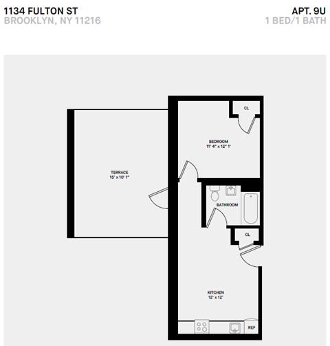 Floor plan for 1 bed, 1 bath, 417 sqft