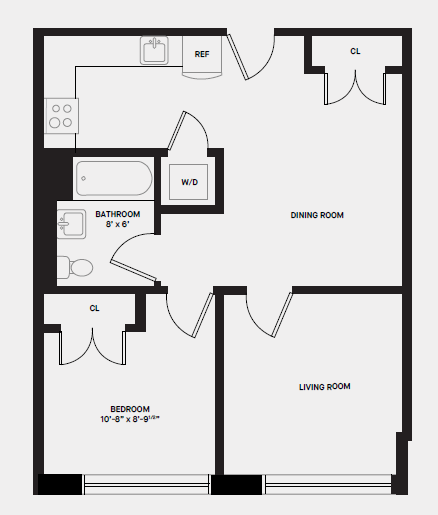 Floor plan for 2 beds, 1 bath, 608 sqft