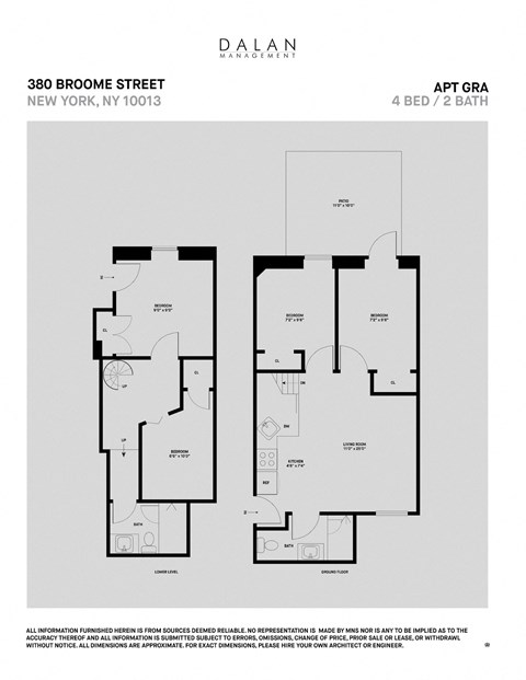 Floor plan for 4 beds, 2 baths, 907 sqft